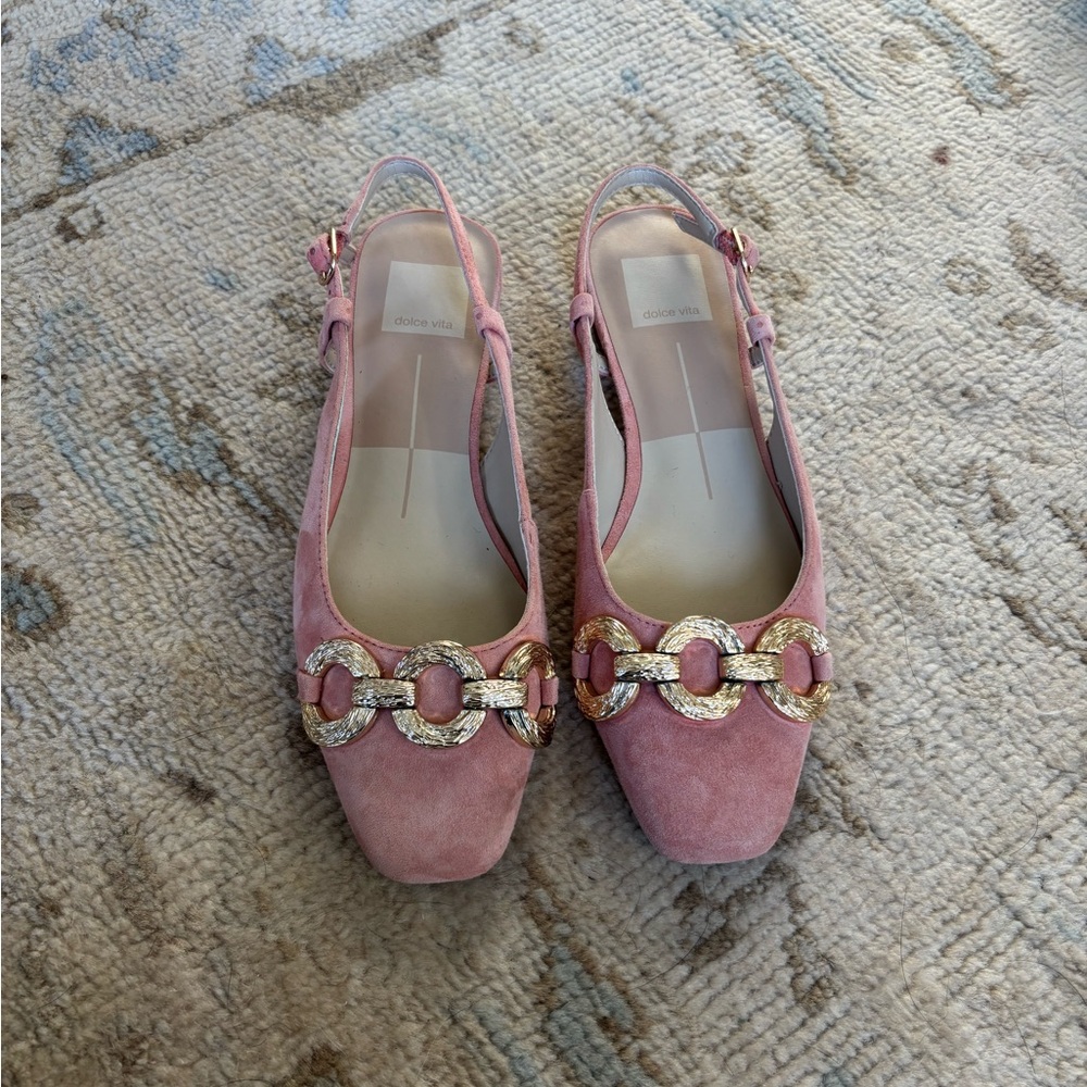 Dolce Vita Blush Suede Flats with Gold Chain Embellishment